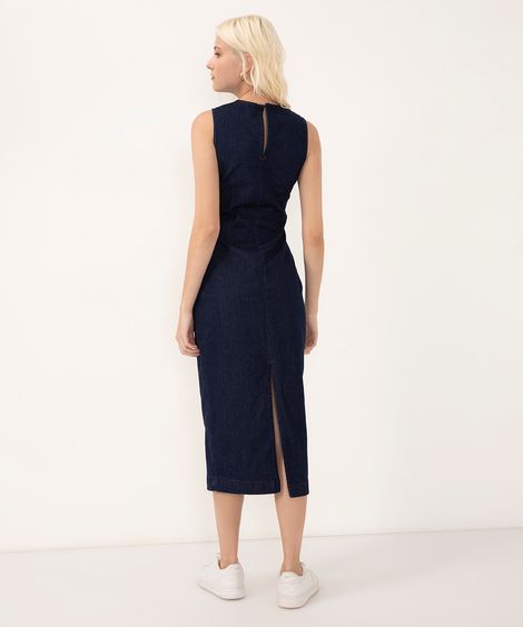 vestido jeans midi com fenda azul escuro