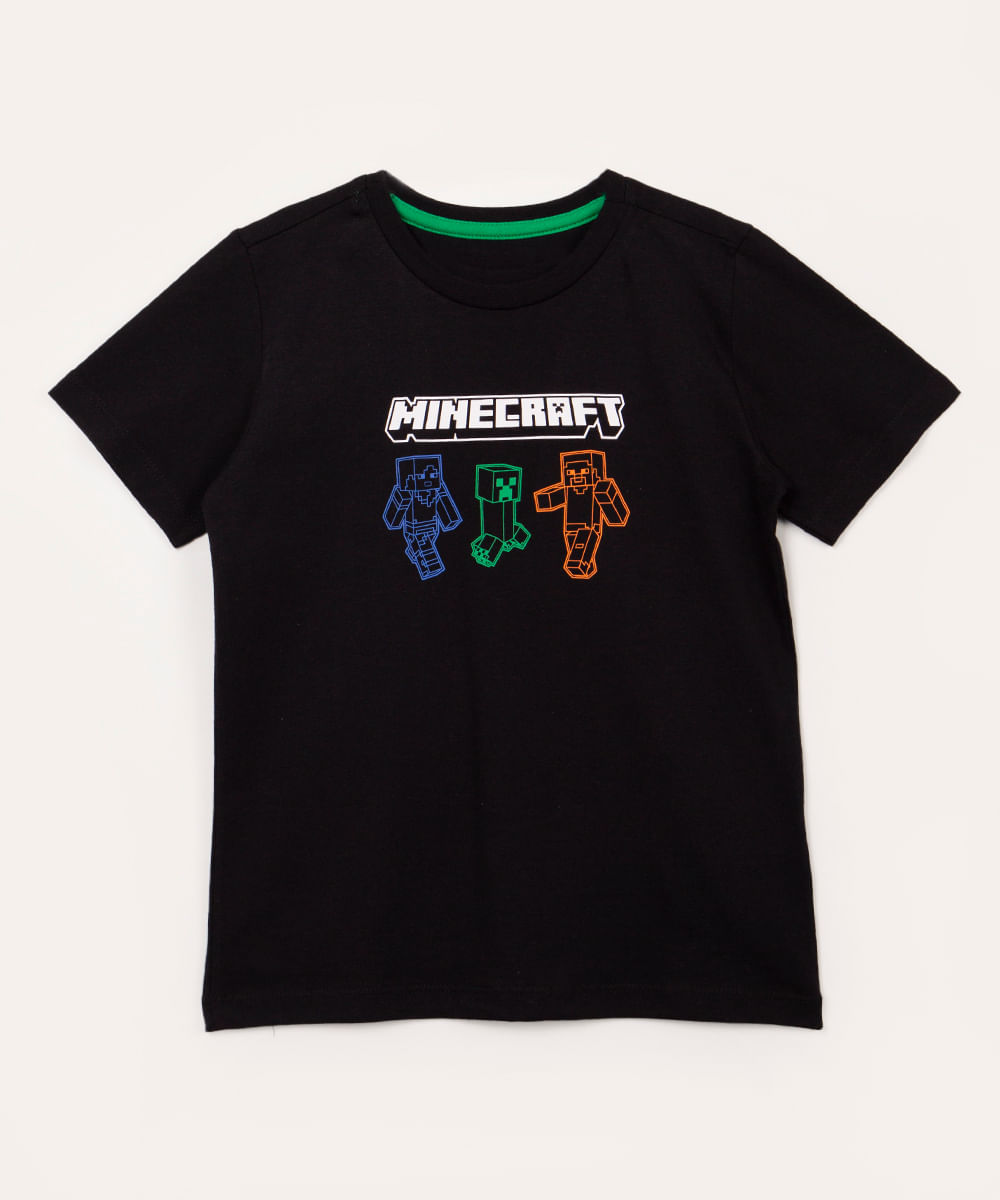 camiseta de algodão infantil minecraft manga curta preto