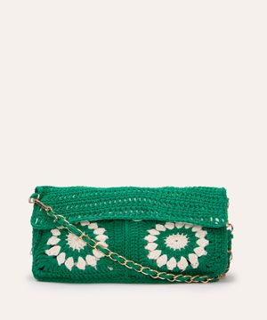 bolsa baguete de crochê com corrente ateliê mão de mãe verde