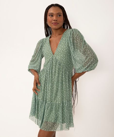 vestido curto de tule floral manga bufante verde