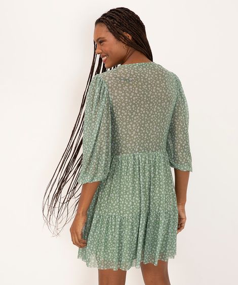 vestido curto de tule floral manga bufante verde