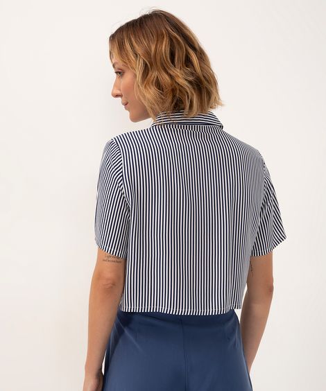 camisa cropped de viscose listrada manga curta azul marinho