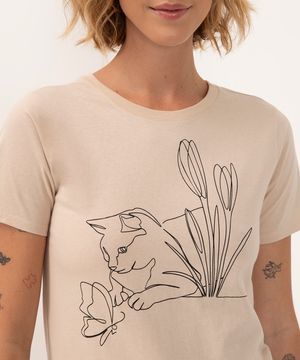 camiseta de algodão gato manga curta bege claro