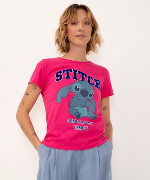 camiseta de algodão stitch manga curta rosa