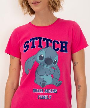 camiseta de algodão stitch manga curta rosa