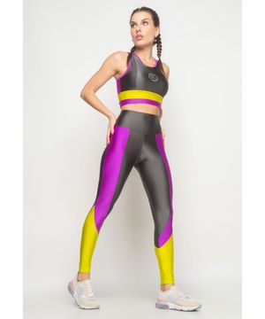 Calça Legging Esportiva Suplex Poliamida Com Bolso Posterior Grafite e Roxo Salvatore Fashion