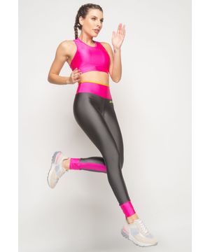 Calça Legging Esportiva Suplex Poliamida Com Recortes Grafite e Rosa Salvatore Fashion