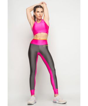 Calça Legging Esportiva Suplex Poliamida Com Recortes Grafite e Rosa Salvatore Fashion