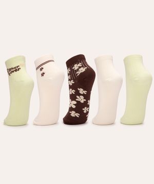 kit de 5 pares de meias cano médio flower power colorido
