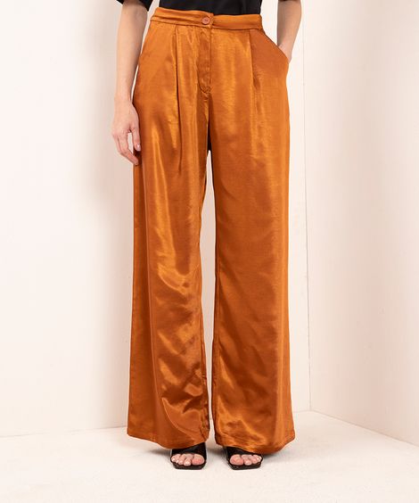 calça wide leg acetinada cintura alta mindset marrom