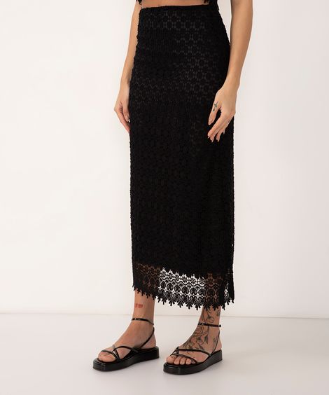 saia midi de guipir preto