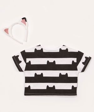 camiseta infantil de algodão gabby gato com tiara de orelhinhas preto