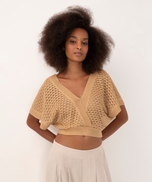 blusa de tricot transpassada manga curta com amarração bege