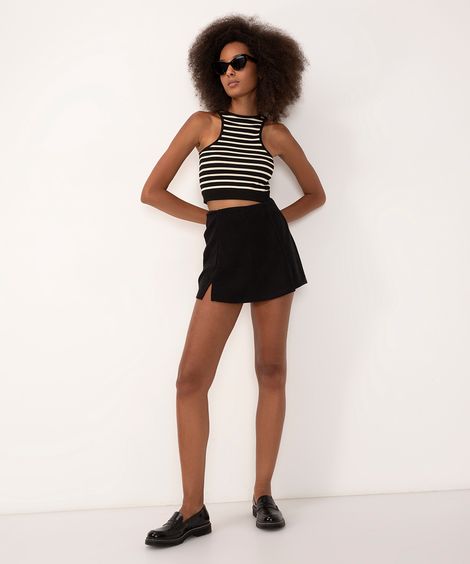 short saia texturizado cintura alta com fenda preto