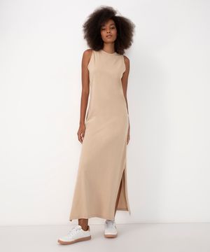 vestido longo de algodão básico areia