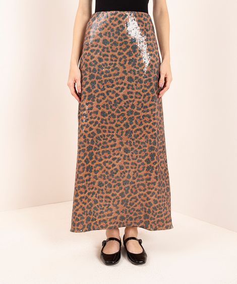 saia de paetê longa animal print cintura alta mindset colorido