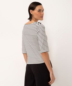 blusa de viscose listrada manga curta botões off white