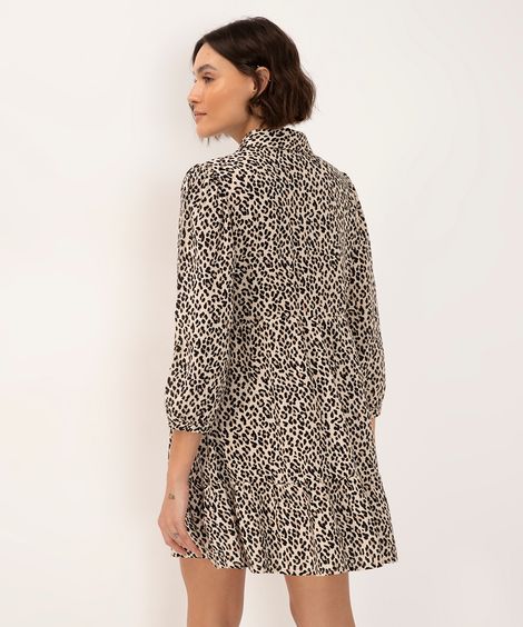 vestido chemise de viscose curto animal print bege