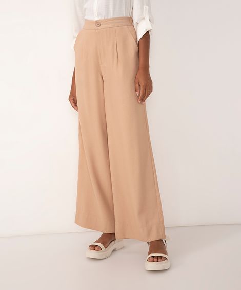 calça wide leg de viscose cintura alta bege