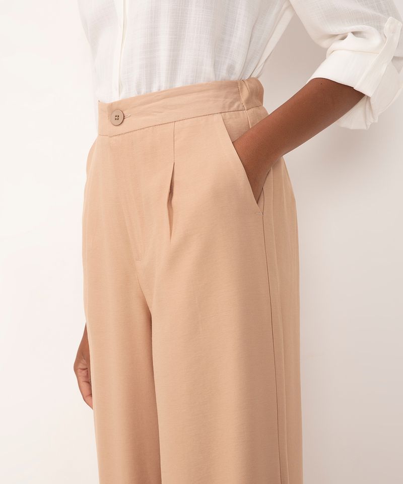 calça wide leg de viscose cintura alta com elástico areia - C&A