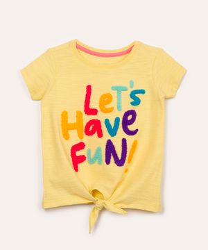 camiseta de algodão infantil lets have fun com nó manga curta amarelo claro