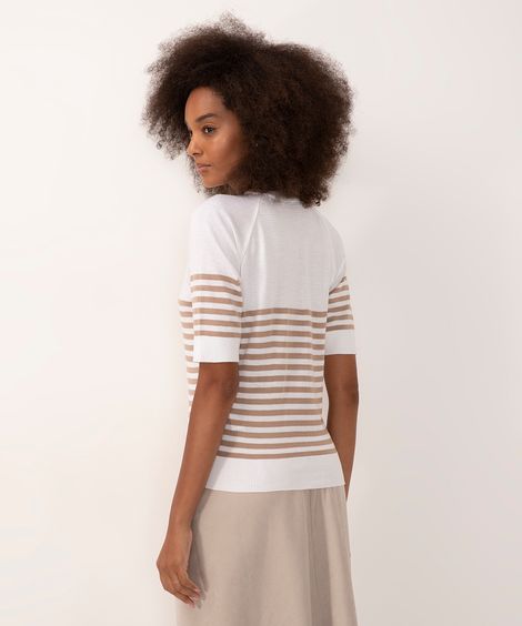 blusa de tricot listrada manga curta bege