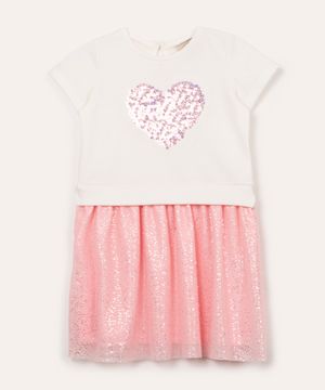 vestido infantil moletom coração com brilho e paetê off white