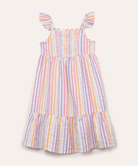 vestido de algodão infantil listrado com babado off white