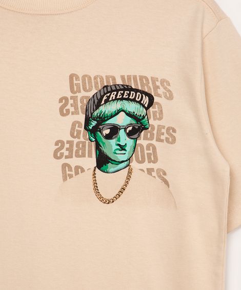 camiseta juvenil de algodão oversized freedoom manga curta bege claro