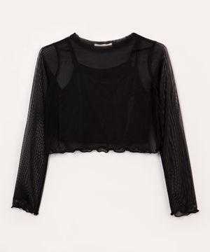 blusa de tule juvenil manga longa preto