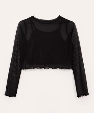 blusa de tule juvenil manga longa preto