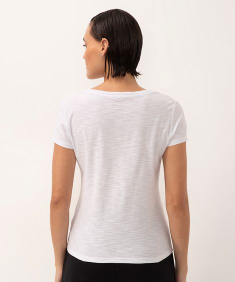 Camiseta Flamê de Algodão Básica Manga Curta Decote V Branca