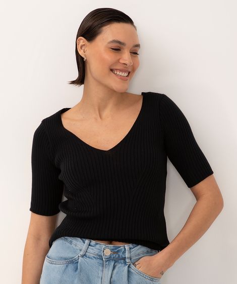 blusa de tricot manga curta decote v  preto