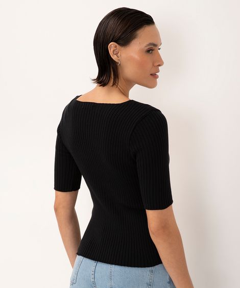 blusa de tricot manga curta decote v  preto