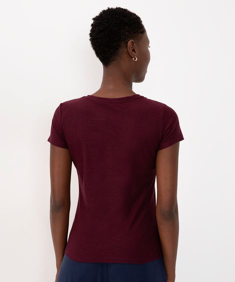 Camiseta Flamê de Algodão Básica Manga Curta Decote V Vinho