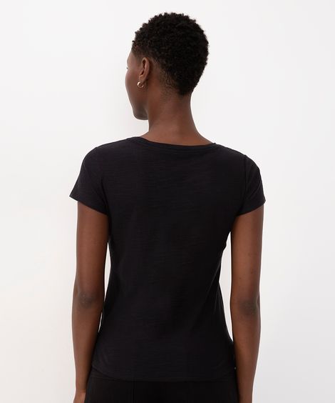 Camiseta Flamê de Algodão Básica Manga Curta Decote V Preta