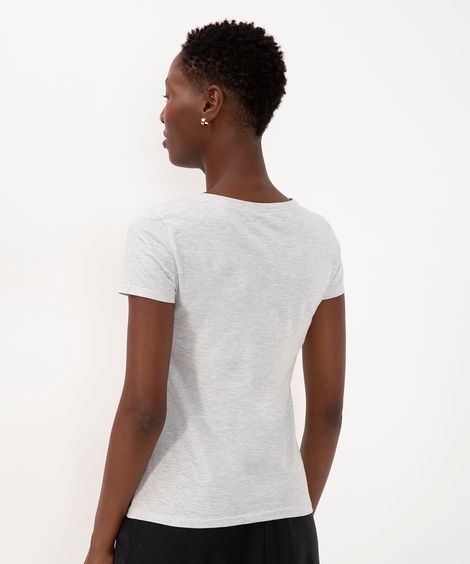 blusa feminina básica decote v manga curta cinza mescla claro
