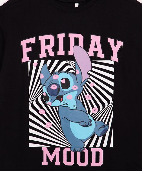 camiseta de algodão juvenil stitch manga curta preta