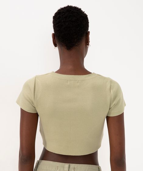 blusa de tricot cropped manga curta verde mate
