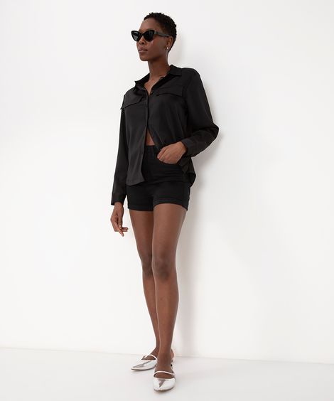 short de sarja cintura super alta com bolsos preto