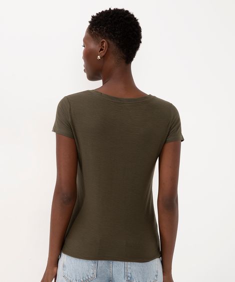 Camiseta Flamê de Algodão Básica Manga Curta Decote V Verde Militar