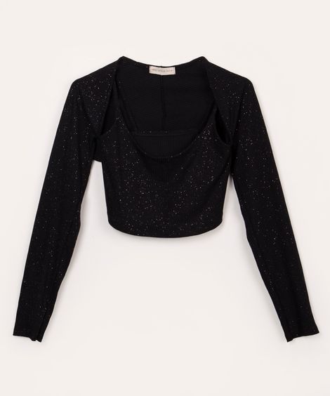 conjunto juvenil top e bolero manga longa preto