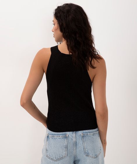 regata de tricot halter neck metalizada preto