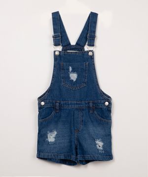 jardineira jeans infantil destroyed e bolsos azul médio