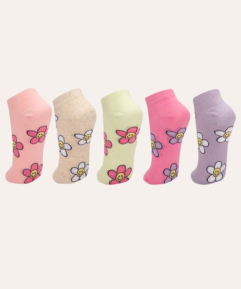 kit de 5 pares de meias cano baixo floral colorido