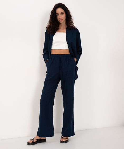 calça reta relaxed com linho cintura alta azul marinho