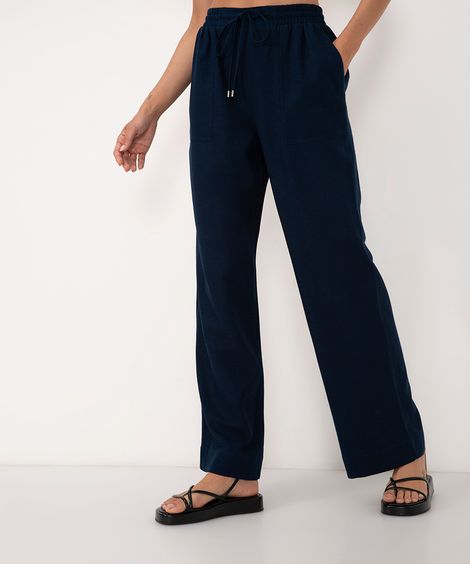 calça reta relaxed com linho cintura alta azul marinho