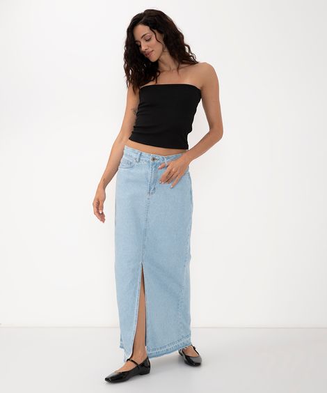 saia jeans longa cintura média com fenda e bolso  azul