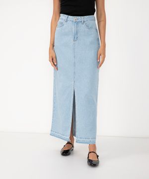 saia jeans longa cintura média com fenda e bolso  azul