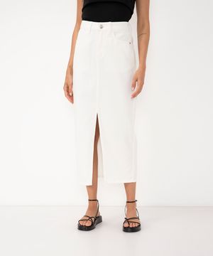 saia jeans longa cintura super alta com fenda e bolso  off white